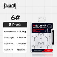 Load image into Gallery viewer, Kingdom 8pack Treble Hooks Sharp Durable Barbed High Carbon Steel
