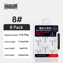 Load image into Gallery viewer, Kingdom 8pack Treble Hooks Sharp Durable Barbed High Carbon Steel
