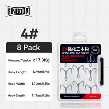 Load image into Gallery viewer, Kingdom 8pack Treble Hooks Sharp Durable Barbed High Carbon Steel

