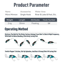 Load image into Gallery viewer, Kingdom Micro Floating Minnow Fishing Lures Topwater Hard Bait 2.4g 35mm Z-Action High Quality Popper Single Hook
