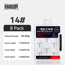 Load image into Gallery viewer, Kingdom 8pack Treble Hooks Sharp Durable Barbed High Carbon Steel
